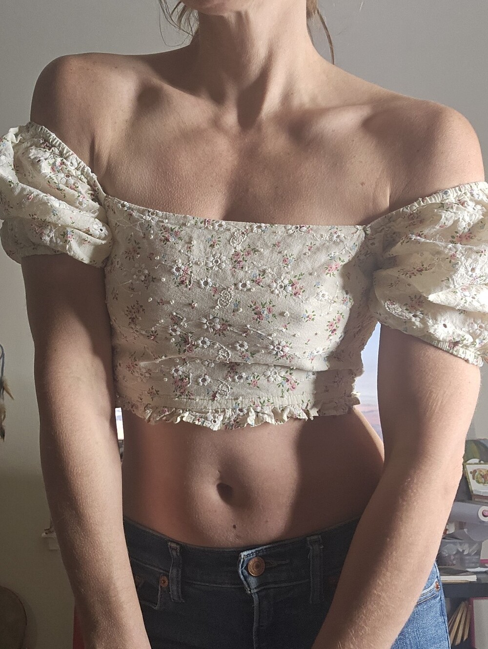Altar'd State Cream Floral Off-Shoulder Cropped Top